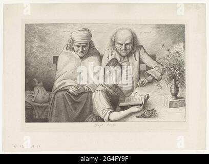 . Au matin pentecôtiste, une fille lit la Bible à une table. Pour elle un vase de fleurs. Sur un banc un homme de 96 ans et une femme de 93 ans. (Stoll 158 / iii) Banque D'Images