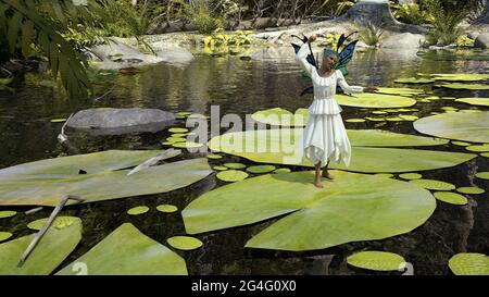 illustration en 3d d'une petite fée ailées dans une robe blanche dansant sur un nénuphar près de la rive d'un ruisseau. Banque D'Images