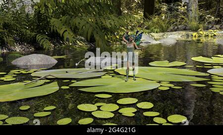 illustration en 3d d'une petite fée ailées dansant sur un nénuphar près de la rive d'un ruisseau avec une forêt en arrière-plan. Banque D'Images