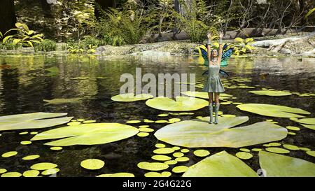 illustration en 3d d'une petite fée aidée debout sur un nénuphar près de la rive d'un ruisseau avec ses mains dans l'air. Banque D'Images