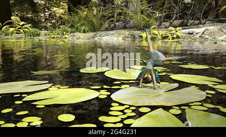 illustration 3d d'une petite fée aidée faisant une roue à cartounes sur un coussin de nénuphars près de la rive d'un ruisseau avec ses pieds dans l'air. Banque D'Images