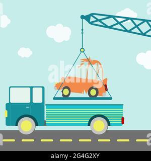 Grue transportant une voiture en collision placée sur un camion sur la route. Ciel bleu en arrière-plan. Illustration de Vecteur