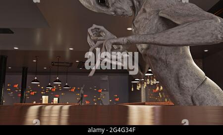 illustration 3d d'un étranger gris penché sur un minuscule extraterrestre. Banque D'Images