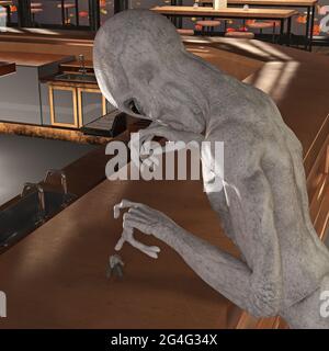 illustration 3d d'un étranger gris utilisant un doigt pour poter sur un minuscule extraterrestre qui se croupe sur un comptoir dans un cadre de barre intérieure. Banque D'Images