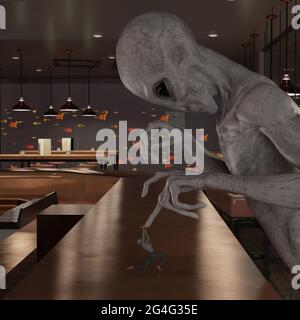 illustration 3d d'un étranger gris qui braque sur un minuscule extraterrestre qui se défend sur un contrehaut dans un cadre de barre intérieure. Banque D'Images
