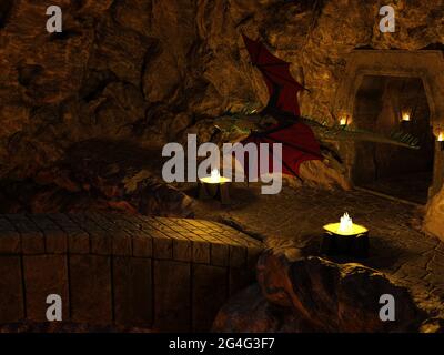 illustration 3d d'un dragon traversant une caverne sombre avec une passerelle en pierre. Banque D'Images