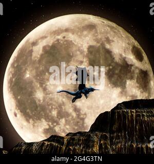 illustration 3d d'un dragon bleu volant devant une pleine lune avec des montagnes au premier plan. Banque D'Images