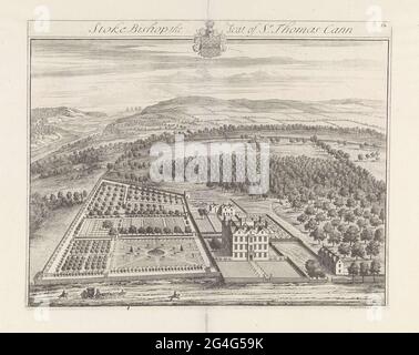 . Face d'un oiseau vue sur le domaine Stoke évêque par Sir Thomas Cann. En premier plan la maison de campagne et à gauche un autocar et trois cavaliers. Sur la gauche en arrière-plan une rivière avec divers navires, qui coule dans un lac ou une mer. Dans la marge le titre et la crête familiale. L'imprimé fait partie d'une série de châteaux royaux d'Angleterre. Banque D'Images