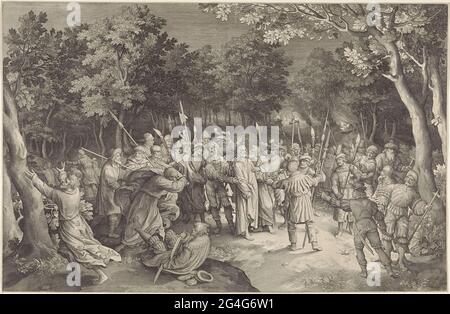 . Christ et ses étudiants à la cour de Getemane. Judas côte Christ sur la joue. Les soldats l'entourent et l'arrêtent. Pierre essaie de défendre le Christ et tombe dans l'un des soldats. Banque D'Images