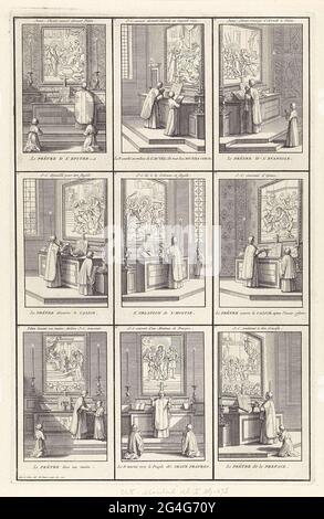 . Feuille de neuf représentations représentant les cérémonies successives de la Messe, numérotées de 9 à 17. Au-dessus de l'autel des scènes consécutives de la passion du Christ. Chaque représentation a une empeigne et une légende en français. Banque D'Images