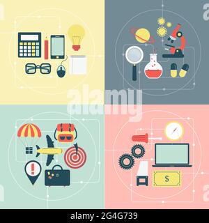 Quatre groupes d'icônes sur quatre sujets différents : affaires, sciences, études et voyages Illustration de Vecteur