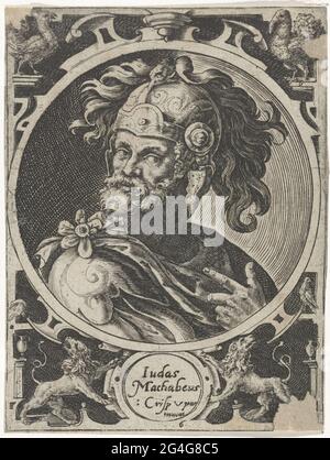 . Le héros juif roi Judas de Makkabeër. Buste pris dans un médaillon avec une cartouche avec son nom en dessous. Dans les lames deux lions et dans les coins supérieurs un coq et une dinde. Imprimez à partir d'une série de neuf avec des héros. Banque D'Images