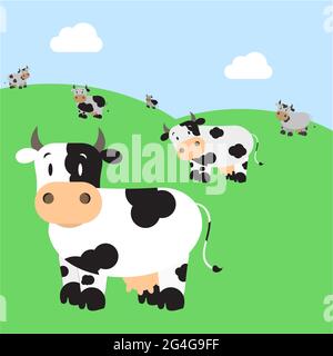 Troupeau de vaches Holstein dans un pâturage. Ciel bleu en arrière-plan. Illustration de Vecteur