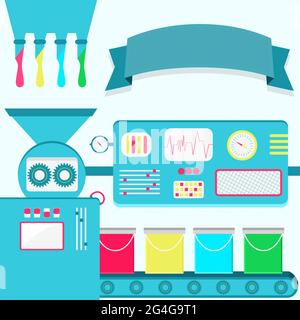 Illustration vectorielle des seaux de peinture de production en usine. Production de pail de peinture à partir de couleurs liquides. Ruban vide pour insérer du texte. Illustration de Vecteur