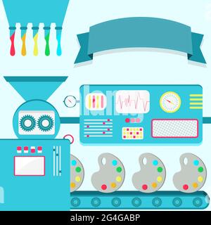 Illustration vectorielle des palettes d'aquarelle de production en usine. Production d'encre aquarelle à partir de couleurs liquides. Ruban vide pour insérer du texte. Illustration de Vecteur