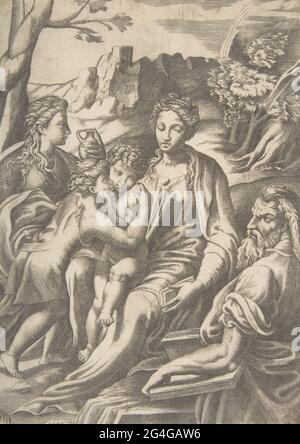 La Sainte famille avec Marie Magdalene et Jean-Baptiste qui embrasse le Christ, 1543. Banque D'Images