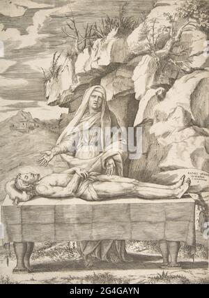 Pieta, Christ s'étira sur une table dans un paysage, la Vierge debout derrière les bras ouverts, 1531-76. Banque D'Images