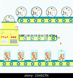 Illustration vectorielle des médicaments produits en usine, pilules de micro-organisme. Production d'antibiotiques. Illustration de Vecteur