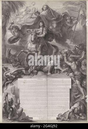 . Un imprimé de deux parties avec une allégorie sur la victoire du roi Louis XIV Louis XIV est assis sur un cheval et piétinent ses ennemis sous la forme de monstres et de personnifications des opposants et des vices. La sainte trinité garde la couronne française au-dessus de la tête du roi. En plus de ses deux anges, dont l'un a un drapeau avec des zones conquises par la France. Le texte du magazine inférieur fait référence à Tractatie, Sorbonne, de J. N. Colbert, le 30 décembre 1677. Banque D'Images