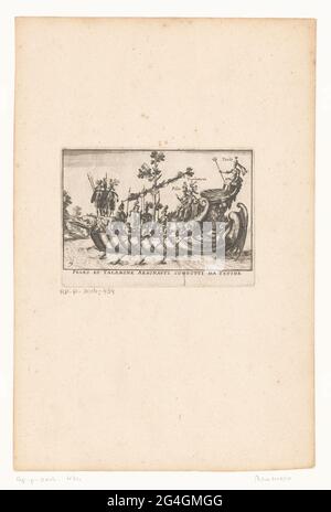 Navire avec le peleus, le télamon et thetis; Peleo et talamonone argonavti condotti da tetide; Argonaut navires pour la lutte à l'Arno lors de la fête de mariage de Cosimo II le «Medici à Florence en 1608; Le magnifique Carousel fait sur le fleuve de l'Arne à Florence pour le mariage du Grand Duc. Un navire avec la tête d'oiseau comme un arc et un arbre comme un mât. Peleus, Telamon et Thetis sont assis sur la poupe. Banque D'Images