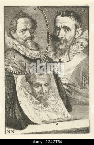 . Trois portraits d'artistes numérotés. Portrait de Hans von Aachen (non 1), Pieter Brueghel II (no 2) et Jan Brueghel I (non 3). Imprimer en bas à gauche avec le côté gauche : NN. Banque D'Images