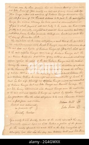 Ce document est tiré d'une collection de documents financiers liés aux activités de plantation de plusieurs générations de la famille Rouzee dans le comté d'Essex, en Virginie. Les documents datent des années 1790 à 1860. Une transcription d'un document de la cour témoignant que William Webb du comté d'Essex et John Dunn du comté d'Essex sont « détenus et fermement liés à » Apphia Rouzee en la somme de deux mille (2000) dollars. En bas à gauche se trouve la signature du témoin Dorothy Booker. En bas à droite et au dos se trouvent les signatures de Louis Booker et Anthony Robinson. Le document est handwritt Banque D'Images