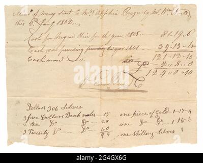 Ce document est tiré d'une collection de documents financiers liés aux activités de plantation de plusieurs générations de la famille Rouzee dans le comté d'Essex, en Virginie. Les documents datent des années 1790 à 1860. Ce reçu de paiement décrit le montant et la méthode de paiement donnés à Mme Apphia Rouzee par M. William Noel pour «Negroe embaucher» pour l'année 1801 et avant 1801 par M. Evan Brown. Document recto d'une page, d'encre noire pâle, manuscrit sur papier. Au verso du document est écrit "Evan Brown". Banque D'Images