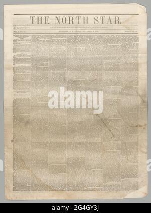 Le numéro du 8 septembre 1848 du North Star, un journal artisanal publié à Rochester, New York par Frederick Douglass. Ce numéro contient plusieurs essais et lettres anti-esclavagistes, dont une lettre de Douglass à son ancien esclave Thomas Auld, intitulée [à mon ancien Maître], ainsi qu'une critique du mouvement de colonisation libérienne, des nouvelles de la rébellion en Irlande, de la poésie, des avis de réunions de la société anti-esclavagiste dans la région, et les publicités générales. Banque D'Images