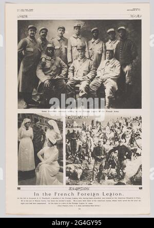 Le New York Times Mid-week Pictorial du jeudi 30 septembre 1915 est une page déchirée du magazine. La page présente trois photographies. Top: [Quelques membres américains servant dans la Légion étrangère de l'Armée française], un groupe d'hommes militaires noirs et blancs, sept debout et trois assis, dans leurs uniformes de la Légion. L'image en bas à gauche est celle d'un soldat, le caporal A.Z. Peschkoff et trois infirmières américaines. La troisième image, en bas à droite, est celle des hommes de la Légion étrangère debout près de leurs tentes et de leurs foyers dans le camp. Le bas de la page a le nom de l'artique Banque D'Images