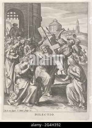 . Christ avec la croix sur son épaule sur le chemin du Mont Golgota. Avant-plan des femmes. Sixième impression d'une série de huit langues avec des scènes de la vie du Christ représentant ses vertus les plus importantes. Banque D'Images