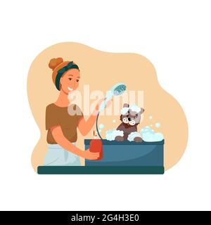 Toilettage pour animaux de compagnie, la fille lave le chien, illustration vectorielle dans le style plat Illustration de Vecteur