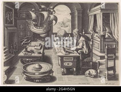 . La mathématique Flavio Goija, selon la légende l'inventeur de la boussole. S'assoit dans son étude et fait quelques calculs avec son passant. Toutes sortes d'instruments scientifiques à sa table de travail. Une maquette de galléon est suspendue au plafond. L'imprimé fait partie d'une série non-pratique sur les nouvelles inventions et découvertes. Banque D'Images