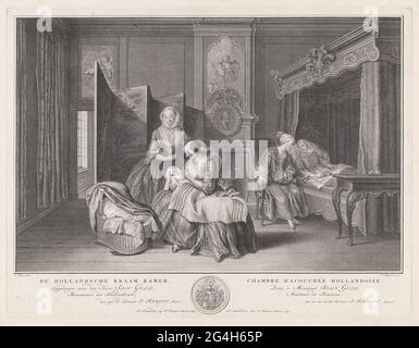 . Dans la salle de maternité donne un moins le bébé à manger, tandis qu'une autre femme regarde. À droite, la mère se trouve dans un lit à baldaquin. En plus d'elle, son mari est assis. Au bas de la marge, les armoiries de Johann Goll de Frankenstein, qui avait la peinture originale et à qui l'impression a été dédiée. Banque D'Images