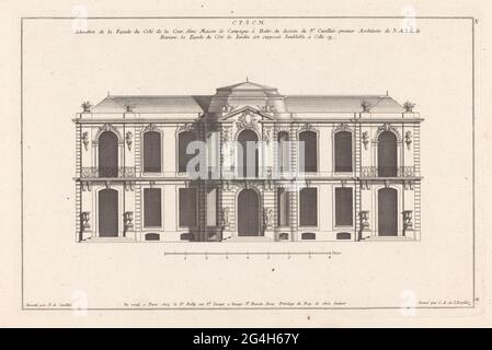 Façade avec arches et balcons; maison de campagne; 13ME Livre N Plan (...) D'une Maison de campagne. Façade d'une maison de campagne avec arches, balcons, vases, putti et bustes. Banque D'Images