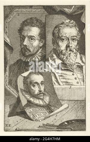 . Trois portraits d'artistes numérotés. Portrait de Joris Hoefnagel (No 1), Frans Francken (No 2) et Hieronymus Francken (no 3). Imprimer en bas à gauche signé : EE. Banque D'Images