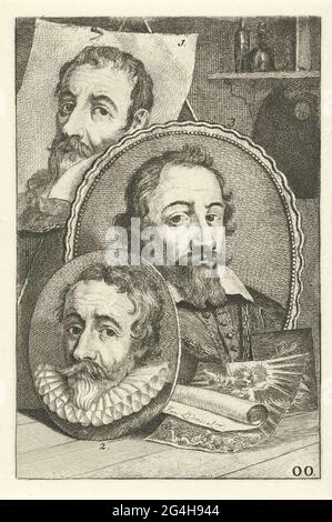 . Trois portraits d'artistes numérotés. Portrait de Johann I (non 1), Rafael (non 2) et Aegidius (no 3) Saddeler. Dans le coin inférieur droit étiqueté : oo. Banque D'Images