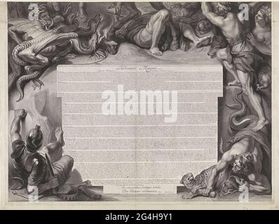 . Partie inférieure d'un imprimé de deux parties avec une allégorie sur la victoire du roi Louis XIV Monstres et personnifications des adversaires vaincus et de surmonter les vodes, piétinés par le cheval de Louis XIV. Le texte fait référence à Tractaat, Sorbonne, de J. N. Colbert, 30 décembre 1677. Banque D'Images