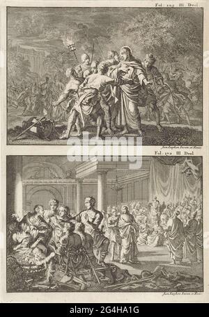 . Deux performances sur une plaque. Ci-dessus : le Christ est capturé par des soldats. En arrière-plan, ses étudiants tentent du défendre. Ci-dessous: Pierre se réchauffe avec quelques autres personnes à un phare et nie son amitié avec le Christ. Le Christ est pris en arrière-plan. Banque D'Images