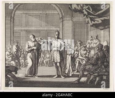 . La cour de l'empereur allemand. L'empereur représente un canon et prend son chapeau richement décoré. Banque D'Images