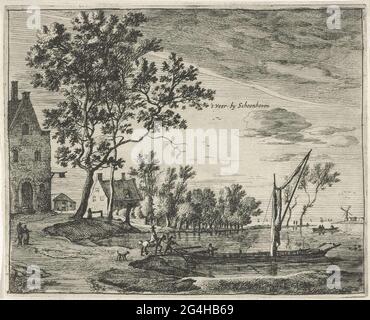 . Vue sur la plume, sur la fuite de la rivière, près de Schoonhoven. Un cavalier, un homme et un chien marche sur le ferry, ce qui leur permettra de se délaler dans les quartiers (de l'autre côté de la fuite). Sur la gauche, une auberge et un moulin en arrière-plan. Banque D'Images
