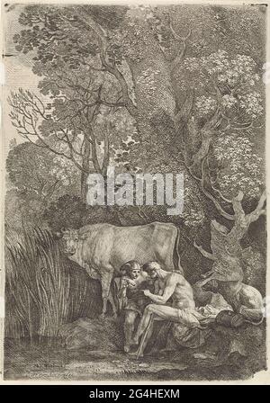 . Mercure est en conversation avec le géant argus. Il garde sa flûte à la main. Derrière Mercure et Argus se trouve la vache io. Scène de Ovid 'métamorphoses (avec. I, 682-687). Banque D'Images