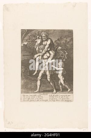 Aeneas et ses vols familiaux au départ de Troy. Aeneas court avec son père Anchises sur le dos. Dans sa main droite, Anchises porte les dieux de la maison (pènes). Son fils Ascanius court derrière Aeneas. En arrière-plan la brûlure troy. Texte italien en deux colonnes dans Undermarge. Banque D'Images