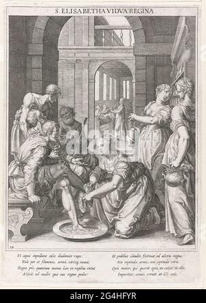 . H. Elisabet, Reine de Hongrie, les pieds des mendiants sont lavés au premier plan. En arrière-plan, elle partage de la nourriture aux affligés. L'imprimé a une légende latine et est le 54e imprimé d'une série de 60 parties avec les saints de Bavière. Banque D'Images