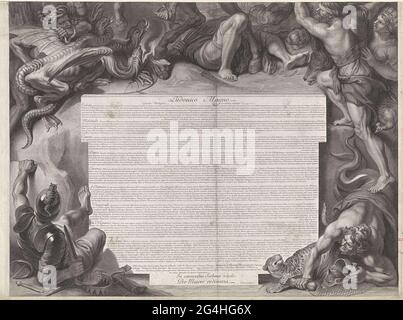 . Partie inférieure d'un imprimé avec une allégorie sur la victoire du roi Louis XIV Monstres et personnifications des adversaires vaincus et de surmonter les vodes, piétinés par le cheval de Louis XIV. Le texte fait référence à Tractaat, Sorbonne, de J. N. Colbert, 30 décembre 1677. Banque D'Images