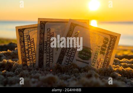 Trois billets de dollars sont enterrés dans le sable sur la plage de sable près de la mer à l'aube du coucher du soleil Banque D'Images