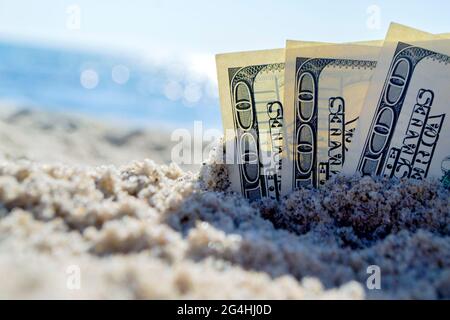 Trois billets de dollars sont enterrés dans le sable sur la plage de sable près de la mer sous le soleil Banque D'Images