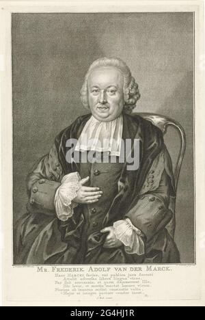 . Le genou de Frederik Adolph van der Marck est assis sur une chaise. Sous le portrait son nom et un texte de six lignes en latin. Banque D'Images