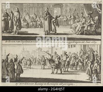 . Feuille avec deux performances. À l'étage, la couronne anglaise est offerte à Willem III et Maria, le 23 février 1689. En vertu de l'annonce à la rue du peuple par un appelant de la ville que le Prince Willem III et la princesse Maria Stuart ont été nommés Roi et Reine d'Angleterre, le 23 février 1689. Important en haut à droite : FOL. 828. Banque D'Images