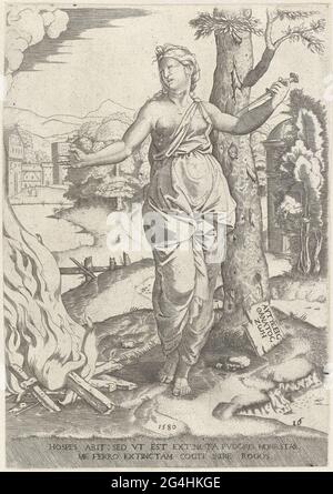 . Dido se tue avec un poignard debout à côté du pieu. Il y a un texte latin sur deux lignes sous le spectacle. Banque D'Images