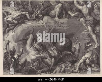 . Partie inférieure d'un imprimé avec une allégorie sur la victoire du roi Louis XIV Monstres et personnifications des adversaires vaincus et de surmonter les vodes, piétinés par le cheval de Louis XIV. Banque D'Images